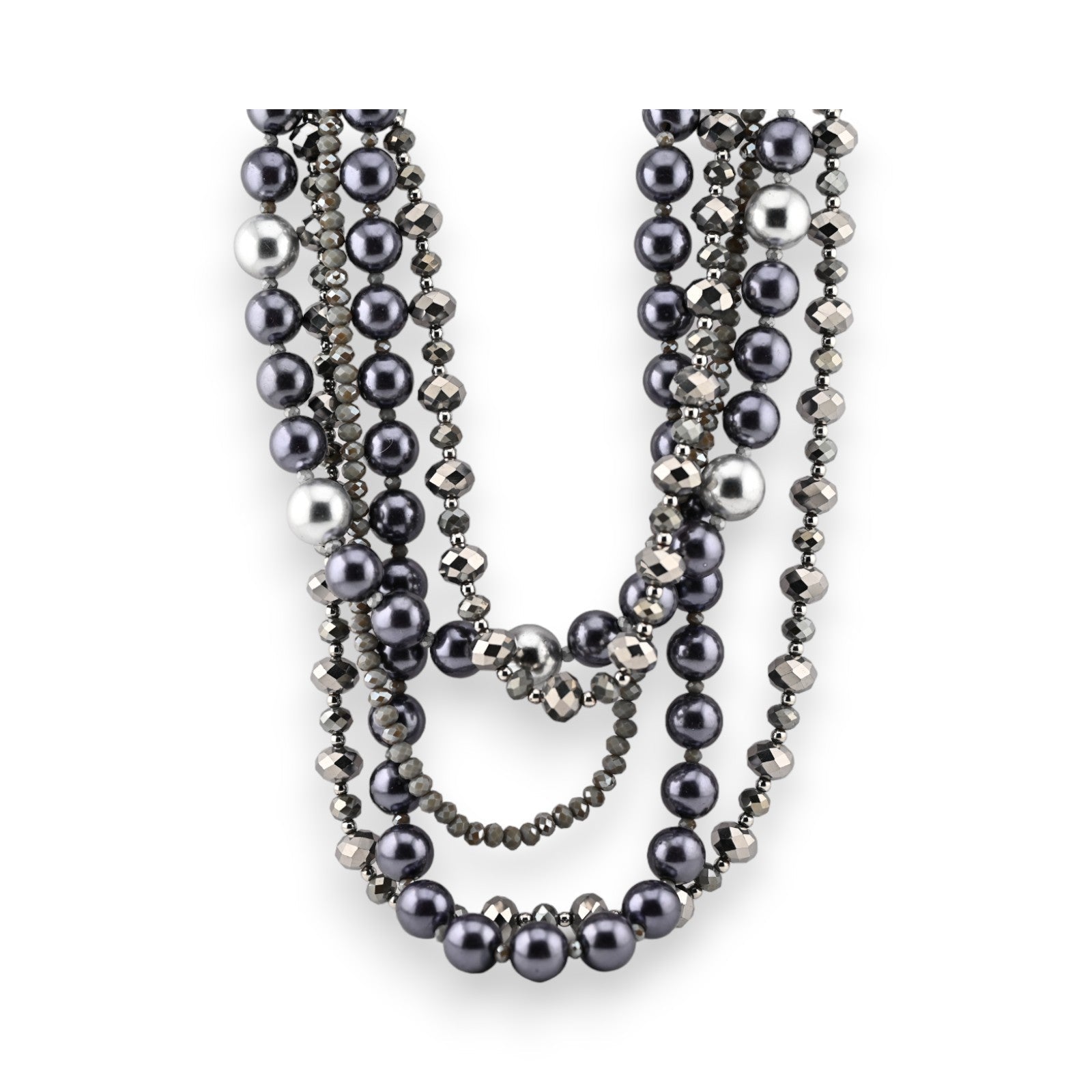 Mehrreihige Modeschmuck-Halskette mit grauen Perlen und silbernen Kristallen, eleganter Statement-Schmuck in Grau und Silber