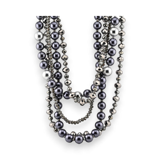 Mehrreihige Modeschmuck-Halskette mit grauen Perlen und silbernen Kristallen, eleganter Statement-Schmuck in Grau und Silber