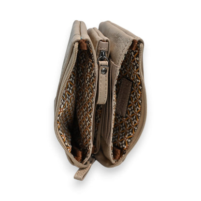 Mehrteilige Geldbörse in Beige-Taupe mit Reißverschluss, mehreren Fächern und gemustertem Innenfutter, von oben fotografiert