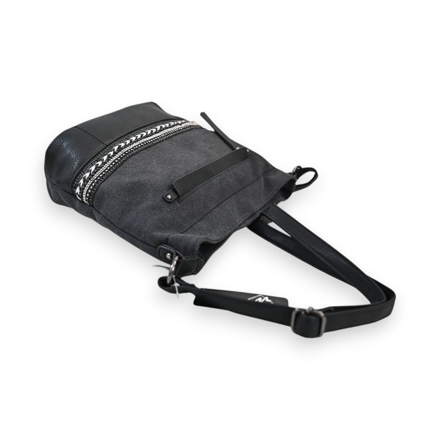 Schwarze Umhängetasche aus Leder und Stoff mit dekorativem Reißverschluss, verstellbarem Riemen und Markenlabel
