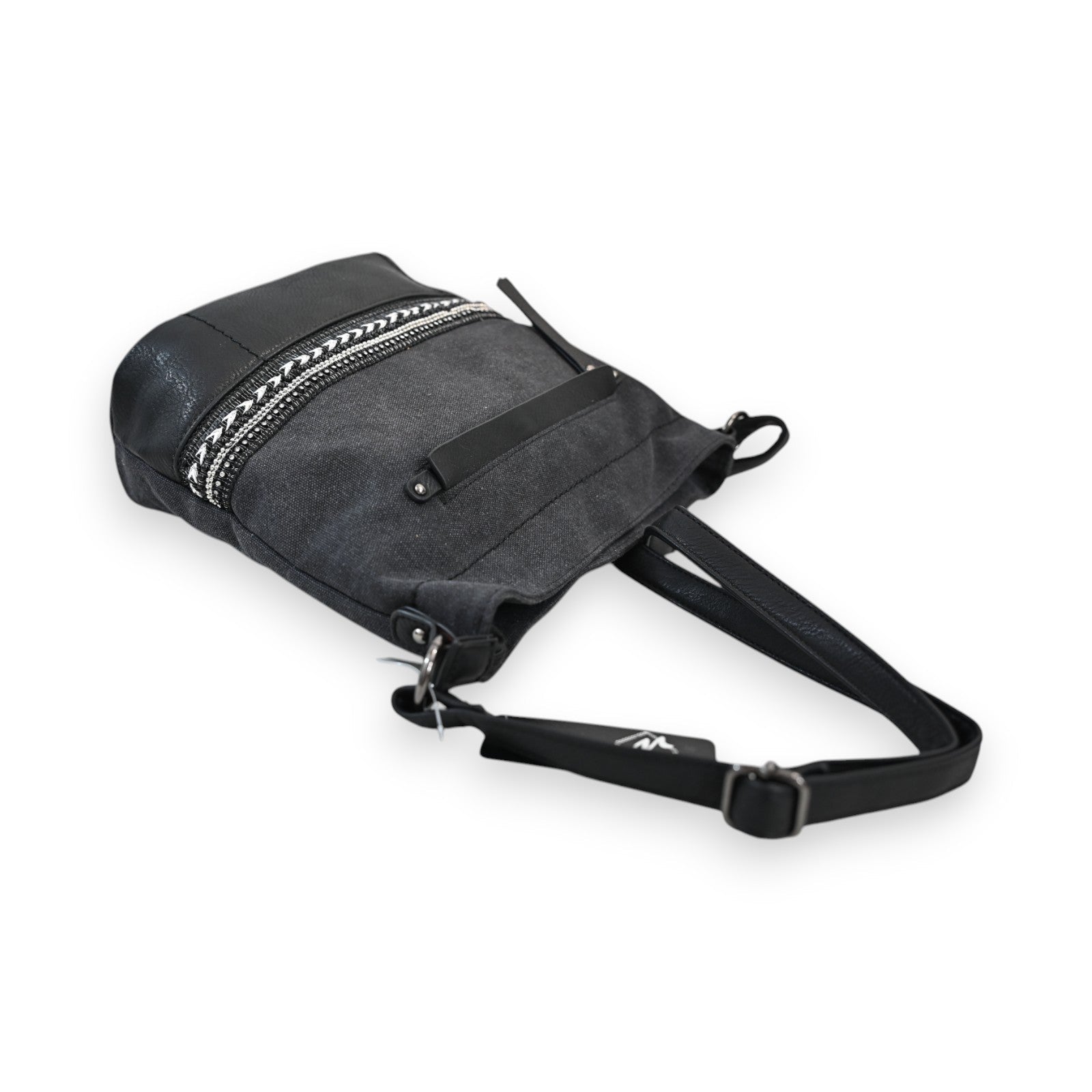 Schwarze Umhängetasche aus Leder und Stoff mit dekorativem Reißverschluss, verstellbarem Riemen und Markenlabel
