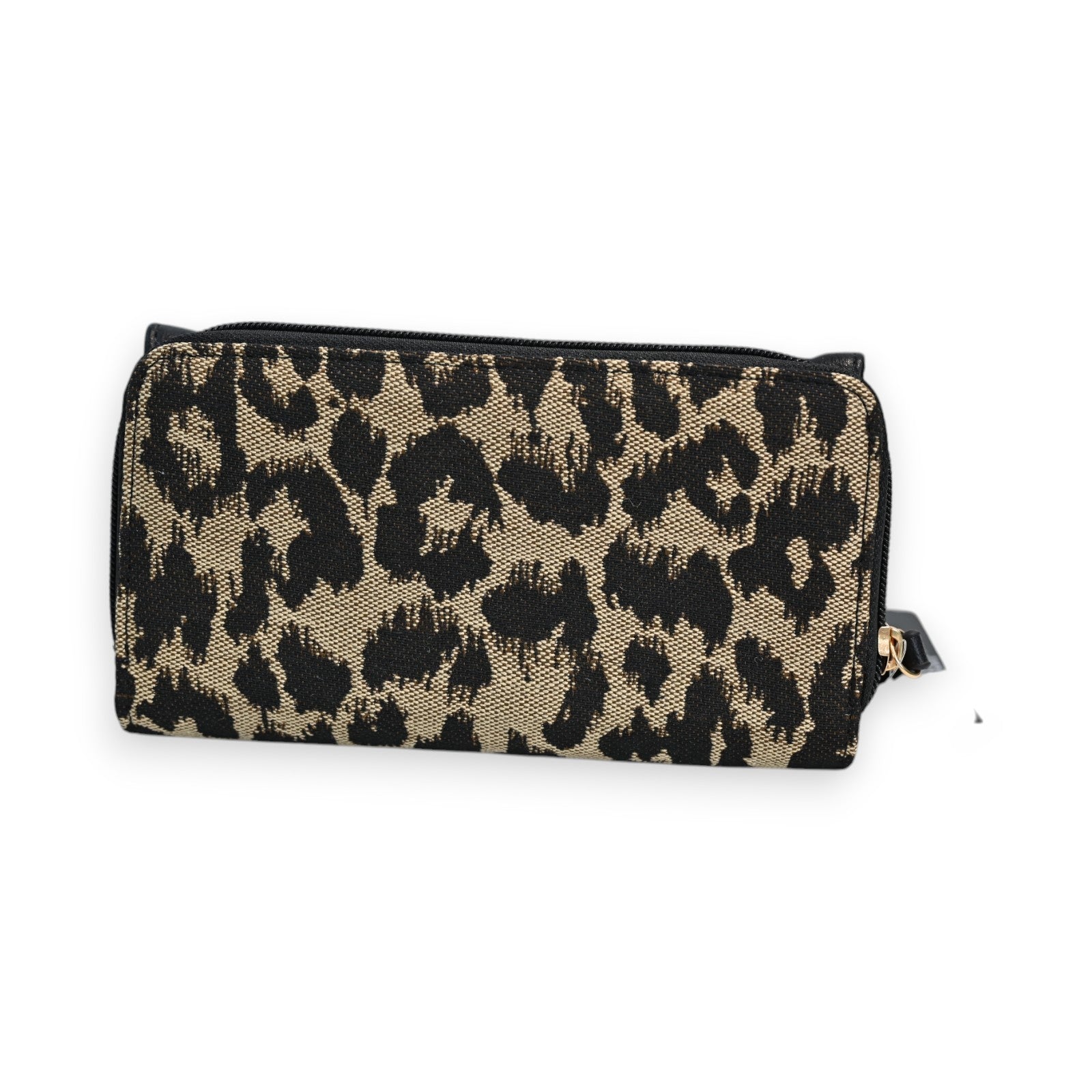 Leoparden-Geldbörse in Schwarz und Taupe von Melanie Paris, rechteckig mit Reißverschluss und Leopardenmuster