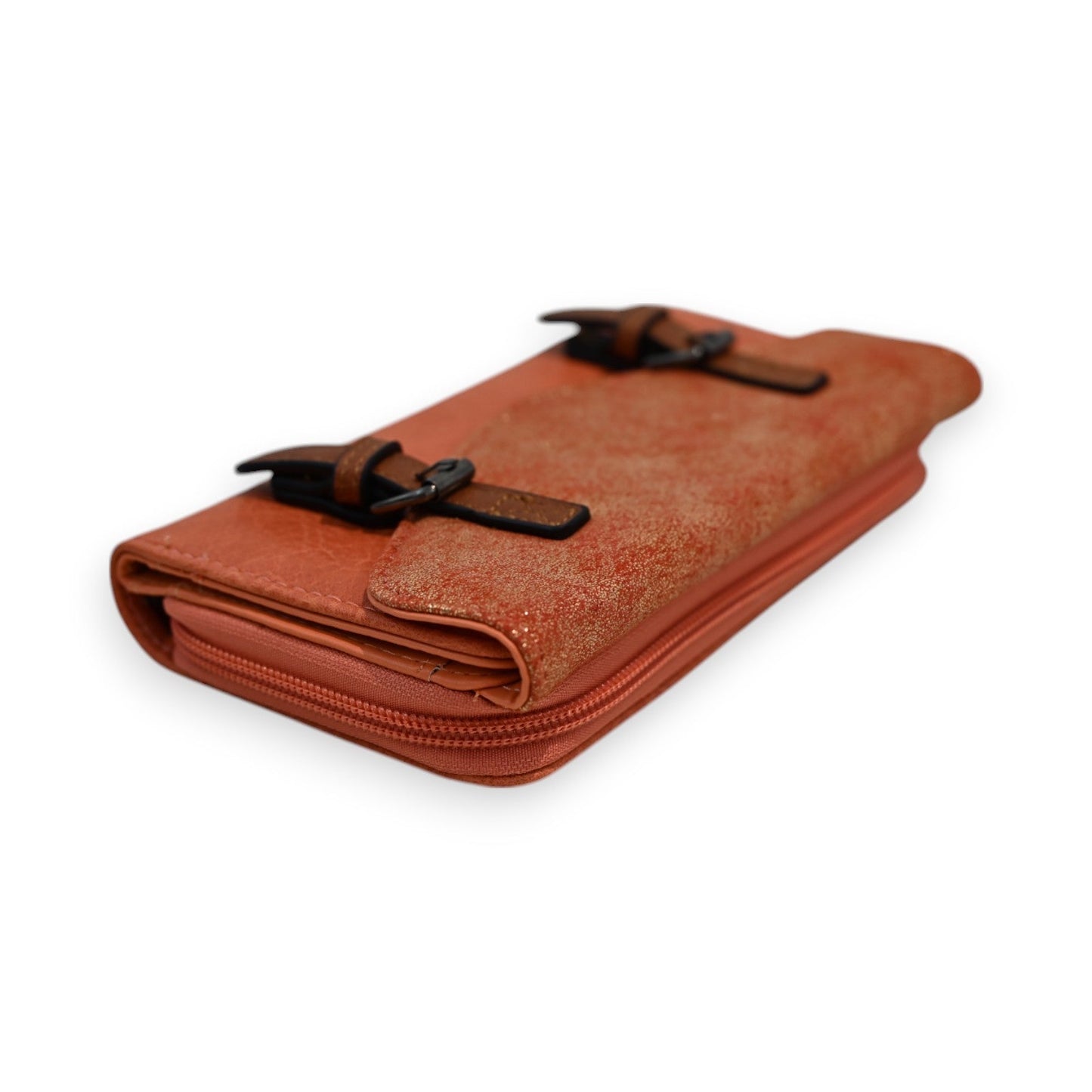 Orangefarbene Glitzer-Geldbörse mit Reißverschluss und Schnallen, elegantes Design von Melanie Paris