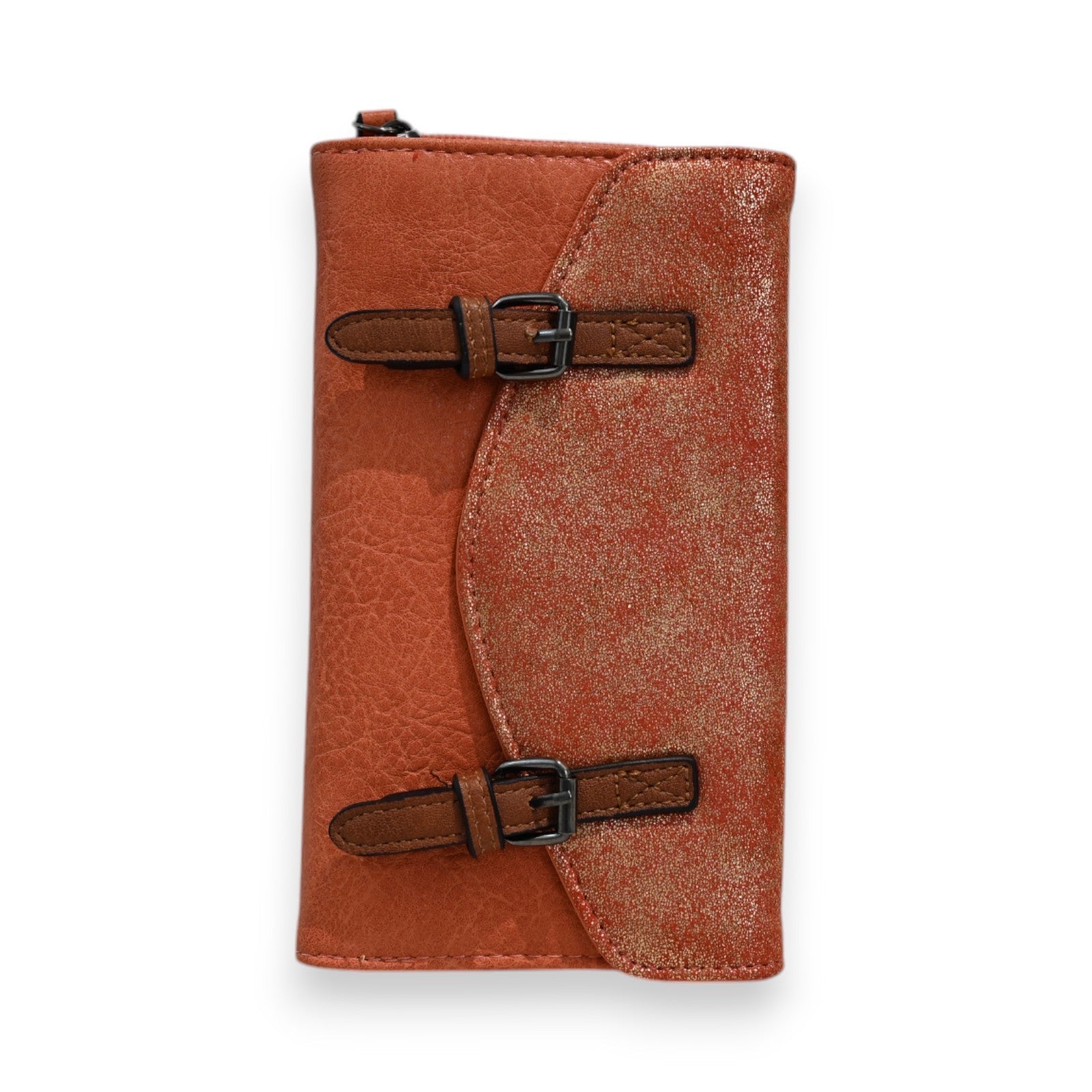 Orangefarbene Leder-Geldbörse mit glitzerndem Akzent und zwei Schnallen, elegantes Design für Damen