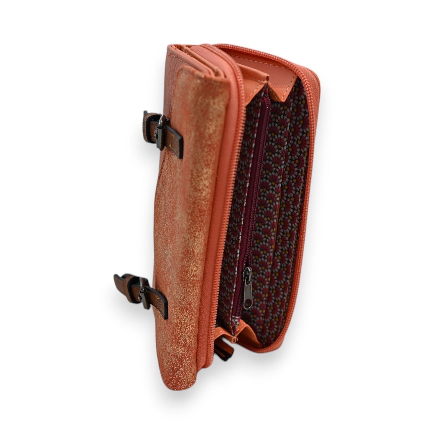 Glitzer-Geldbörse in Orange mit Reißverschluss, gemustertem Innenfutter und Schnallen an der Seite