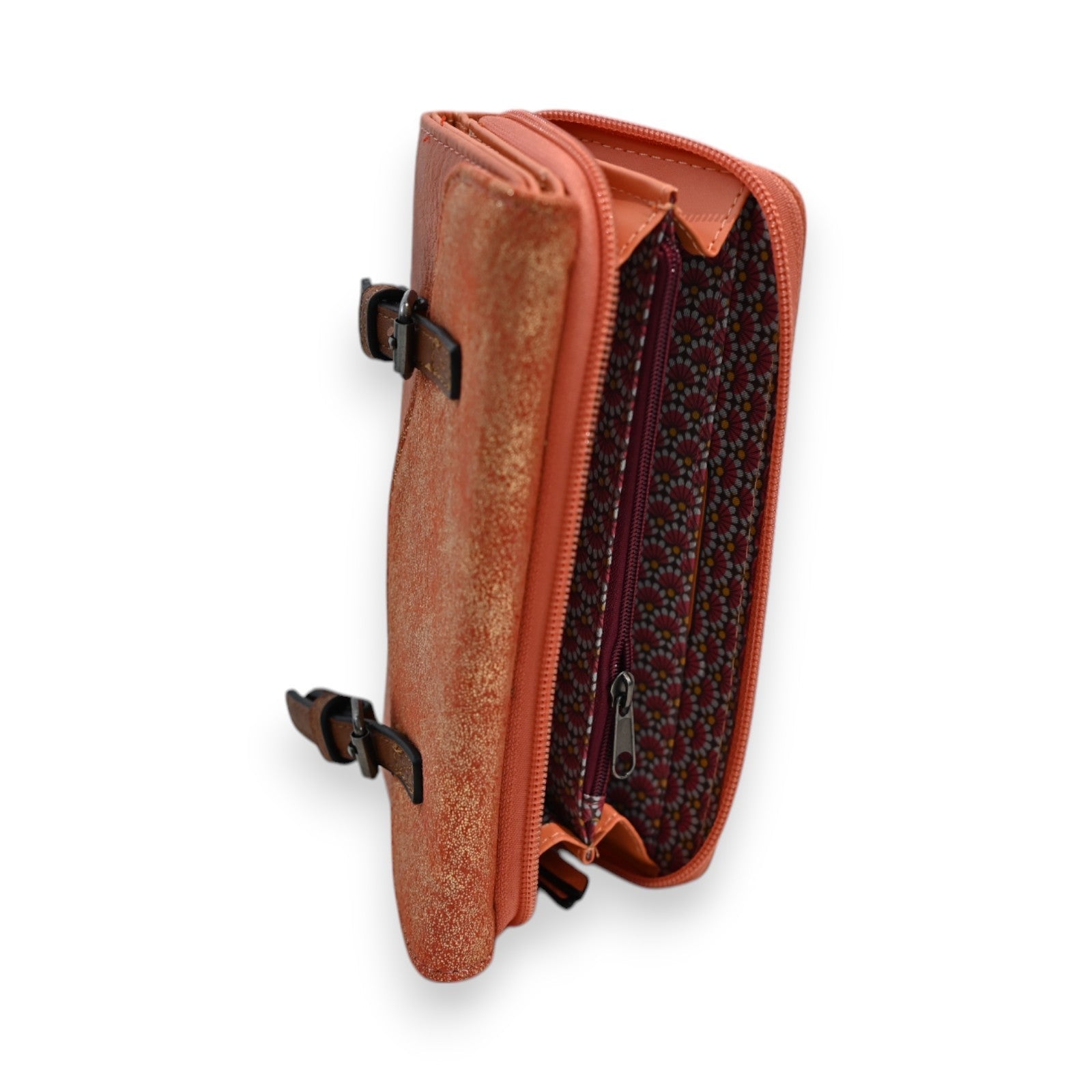 Glitzer-Geldbörse in Orange mit Reißverschluss, gemustertem Innenfutter und Schnallen an der Seite