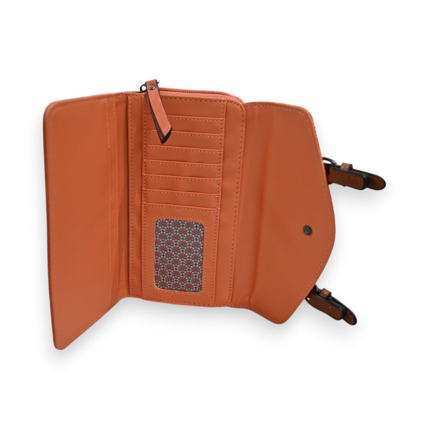 Orangefarbene Leder-Geldbörse mit Glitzer-Einsatz, Reißverschluss und Kartenfächern, geöffnet präsentiert