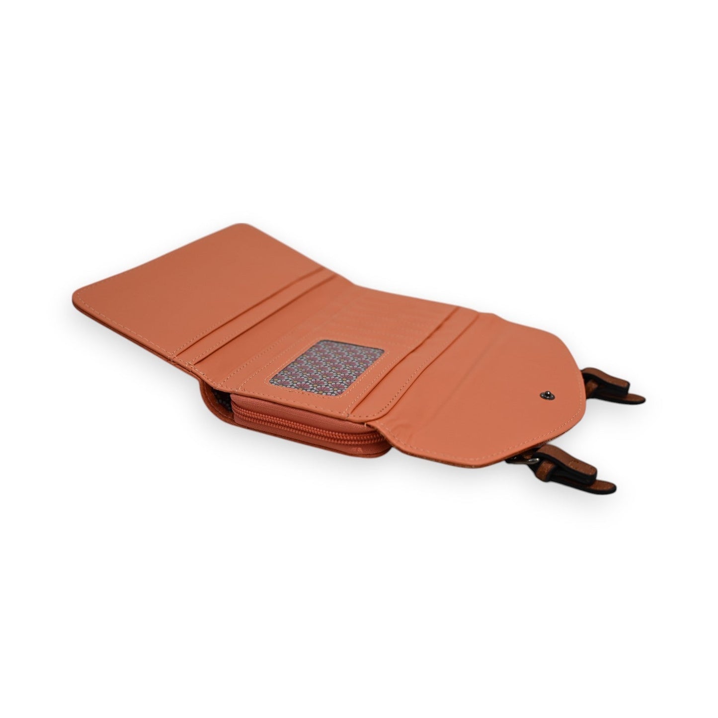 Orangefarbene Leder-Geldbörse geöffnet, mit mehreren Fächern, Reißverschluss und Glitzer-Detail im Inneren