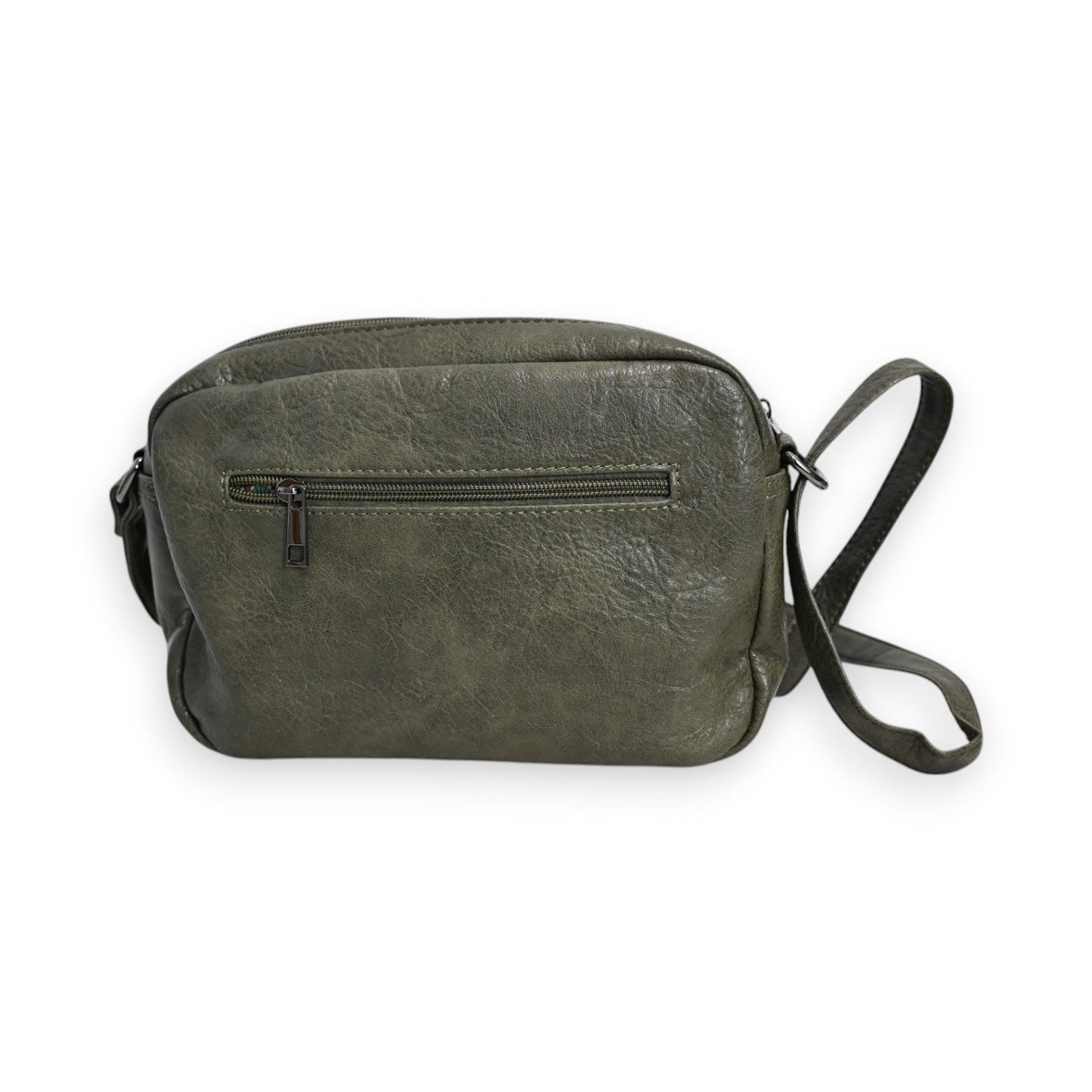 Grüne Leder-Umhängetasche mit Reißverschluss-Fronttasche und verstellbarem Schulterriemen im Vintage-Stil