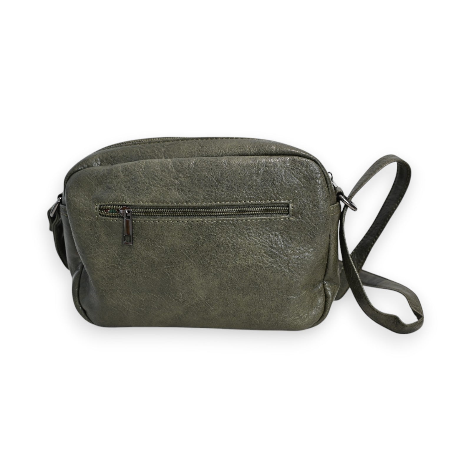 Grüne Leder-Umhängetasche mit Reißverschluss-Fronttasche und verstellbarem Schulterriemen im Vintage-Stil