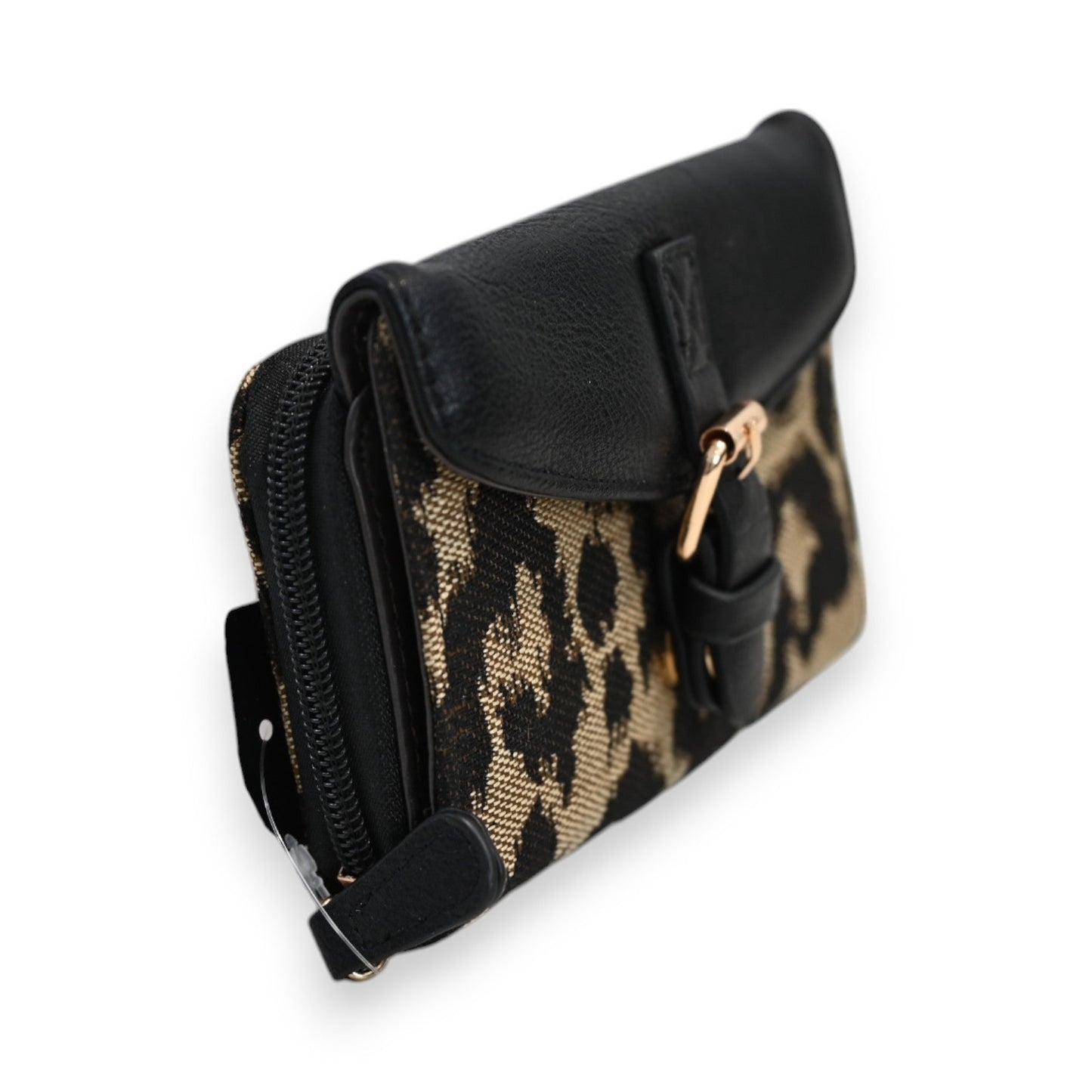 Kompakte Zweifarbige Leoparden-Geldbörse in Schwarz und Gold mit Reißverschluss und Druckknopfverschluss, Melanie Paris De...