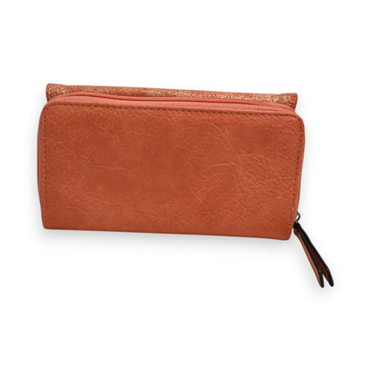 Orange Leder-Geldbörse mit Glitzer-Akzent, Reißverschluss und strukturierter Oberfläche, kompaktes Design