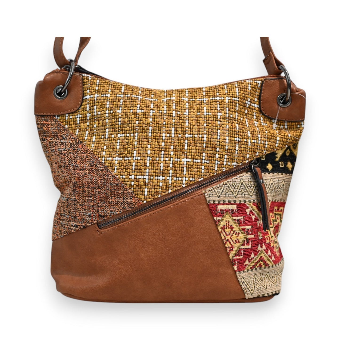 Patchwork Umhängetasche in Camel mit bunten Textilmustern, Lederdetails und Reißverschluss, modisches Accessoire