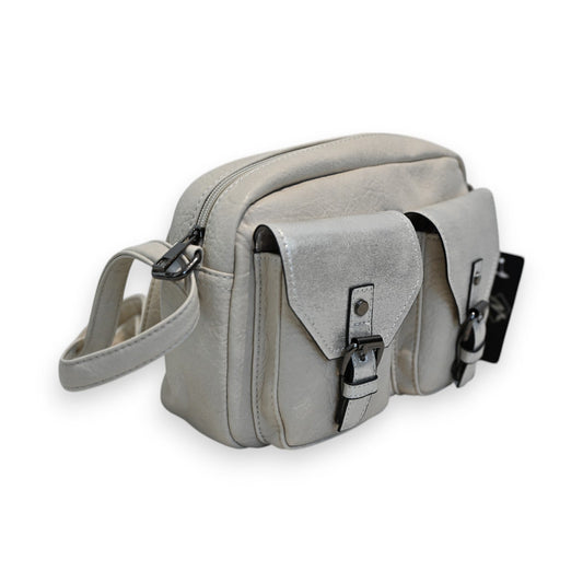Elegante beige Schultertasche aus Leder mit zwei Vordertaschen, Reißverschluss und verstellbarem Trageriemen