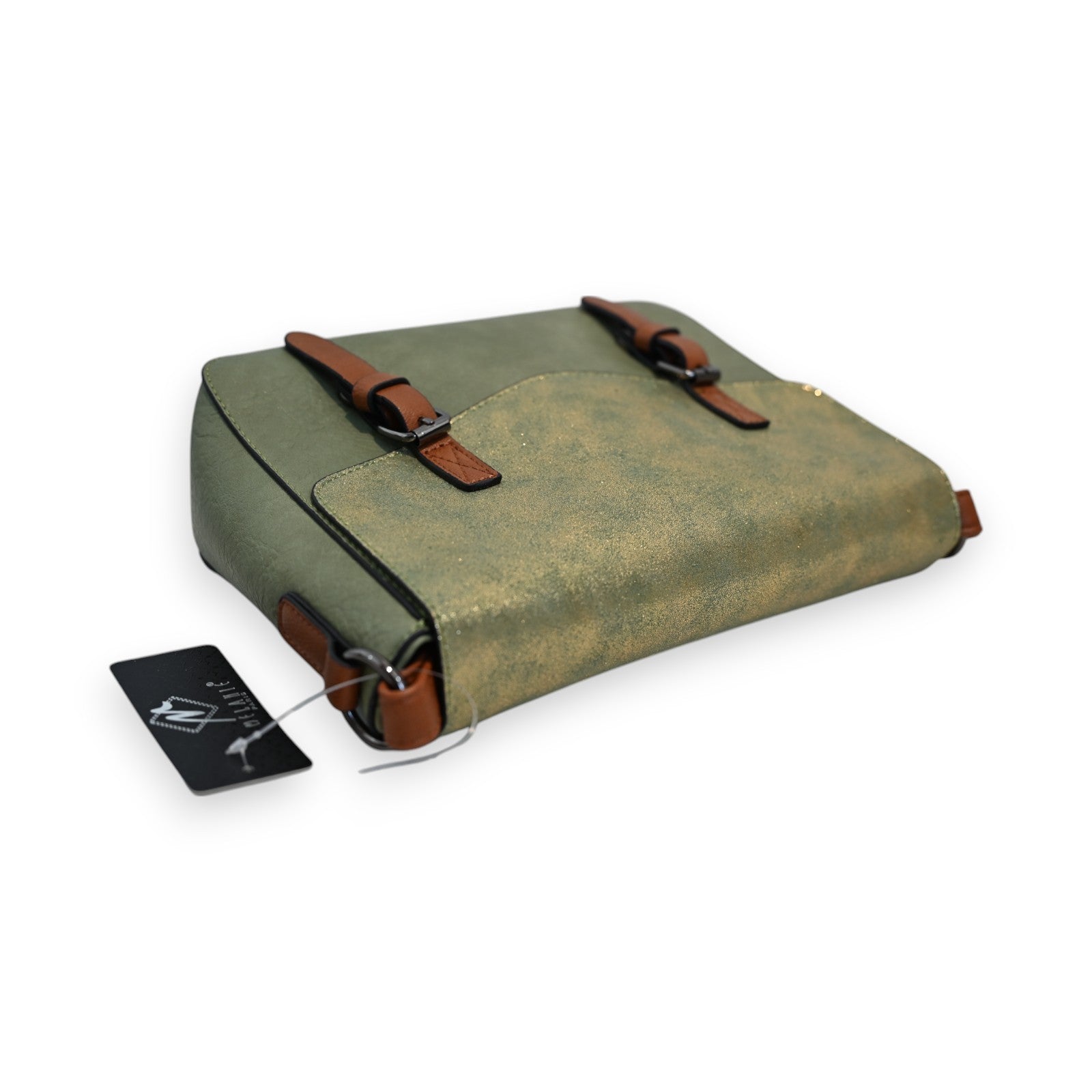 Elegante Schultertasche in Mandelgold mit braunen Lederriemen und Marken-Etikett, rustikales Design für Damen