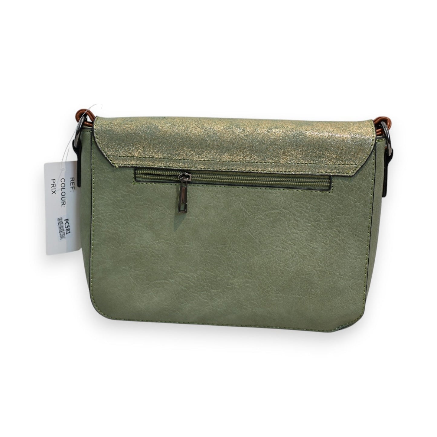 Grüne Schultertasche mit goldenem Schimmer, Reißverschluss und Etikett. Elegantes Design für Damen.