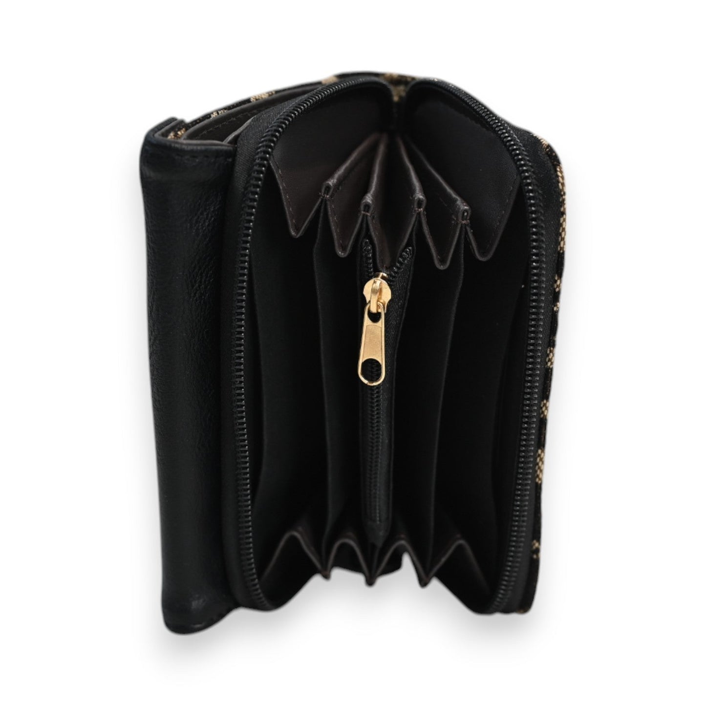 Schwarze Kompakt-Geldbörse mit Leopardenmuster, geöffnet, zeigt Reißverschluss und mehrere Fächer für Karten und Münzen