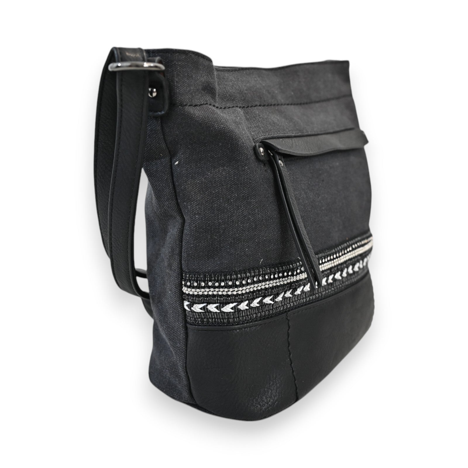 Schwarze Umhängetasche Melanie Paris Bohème aus Stoff und Leder mit dekorativem Zierband und Reißverschluss