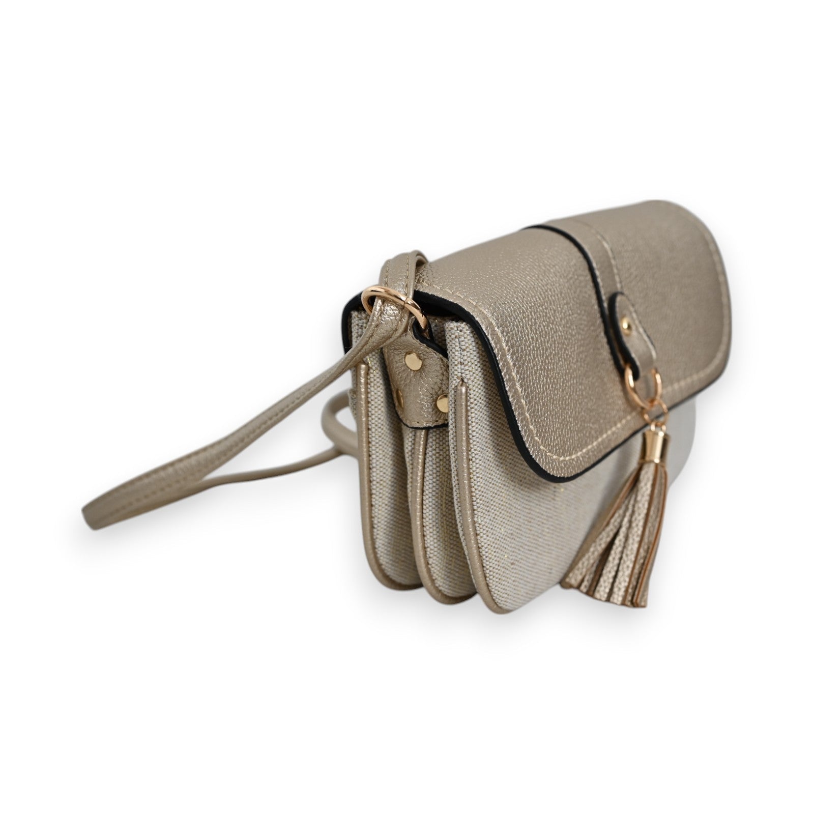 Elegante Umhängetasche in Beige mit goldfarbenen Details, Quaste und Schulterriemen, kompaktes Design für Alltag und Abend