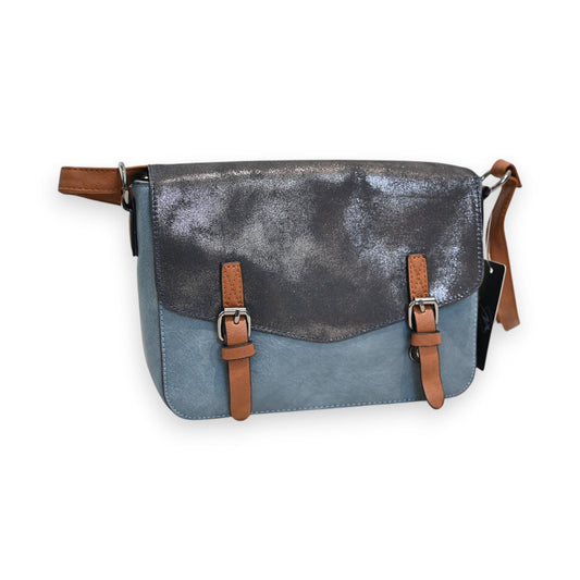 Zweifarbige Umhängetasche in Marine und Jeans mit braunen Lederriemen, modernes Design für Damen