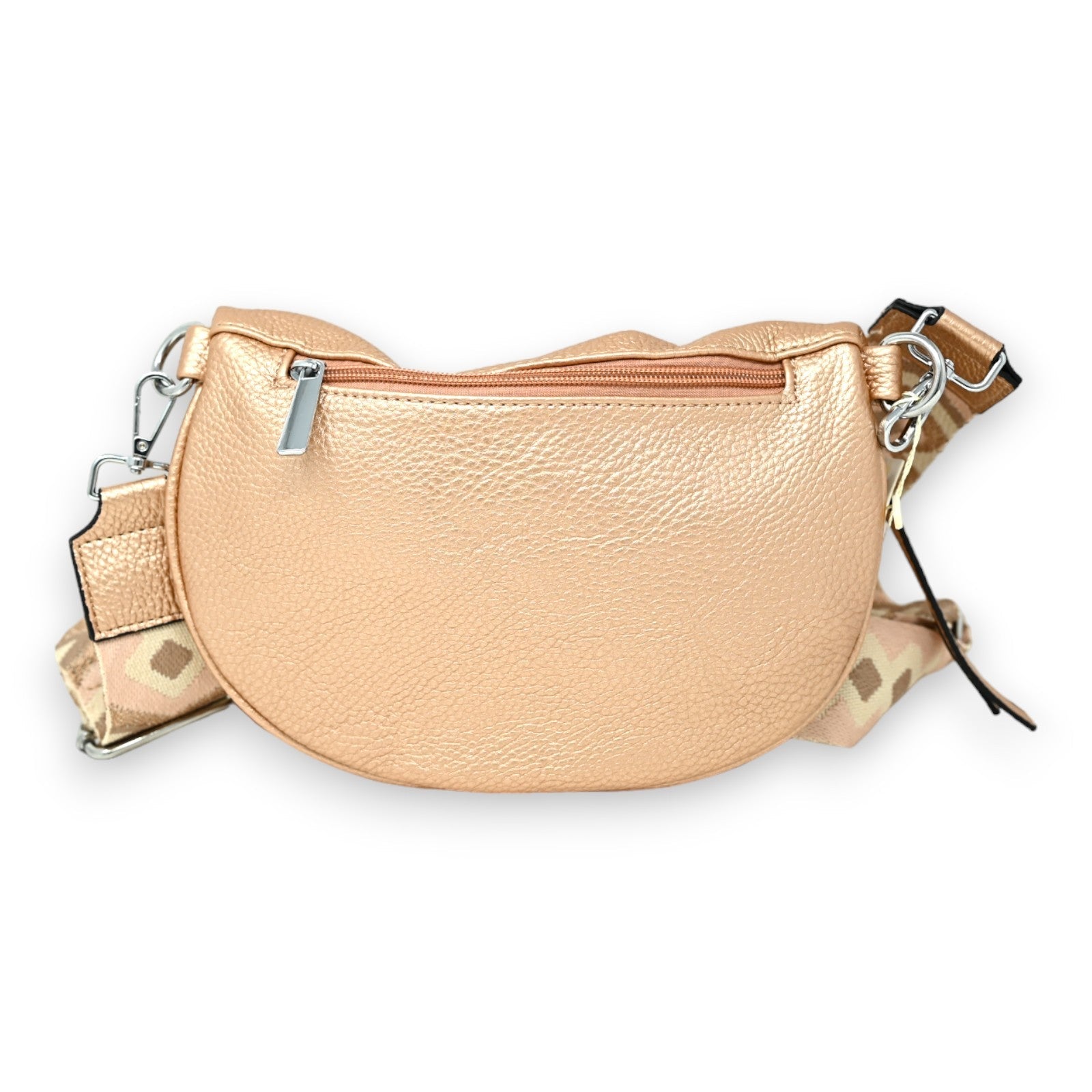Metallisch rosa Gürteltasche mit Reißverschluss und verstellbarem Gurt, geeignet als Umhängetasche, aus hochwertigem Leder