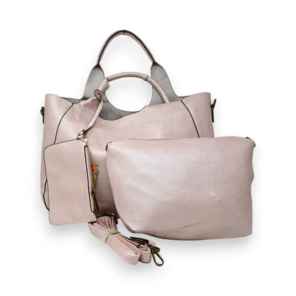 Elegante metallic rosa Handtasche mit abnehmbarer Clutch und Portemonnaie, hochwertige Lederoptik, Damen-Accessoire