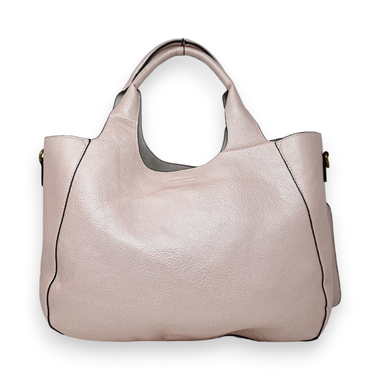 Elegante metallic rosa Lederhandtasche mit abnehmbarer Clutch, großzügigem Innenraum und Tragegriffen
