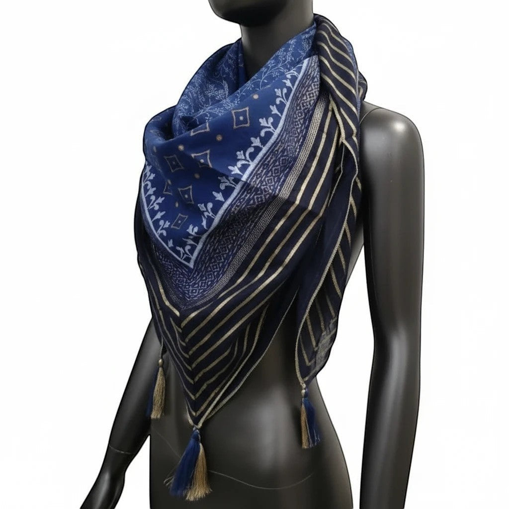 Foulard Moden Zentrum bleu et or en viscose avec motifs ethniques et pompons, porté sur un mannequin.
