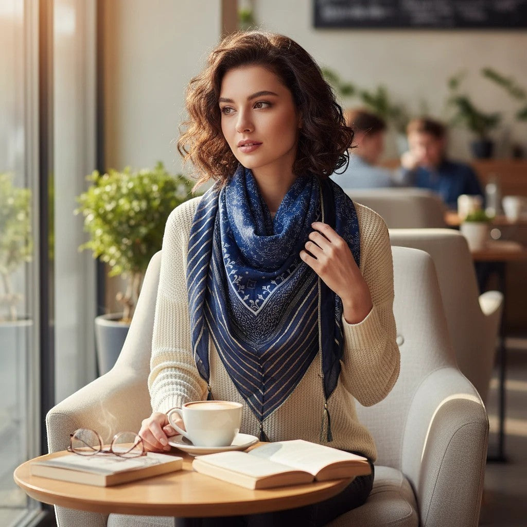 Femme portant un foulard Moden Zentrum bleu à motifs ethniques et détails dorés, assis dans un café lumineux.