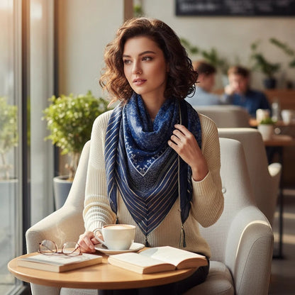 Femme portant un foulard Moden Zentrum bleu à motifs ethniques et détails dorés, assis dans un café lumineux.
