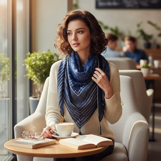 Femme portant un foulard Moden Zentrum bleu à motifs ethniques et détails dorés, assis dans un café lumineux.