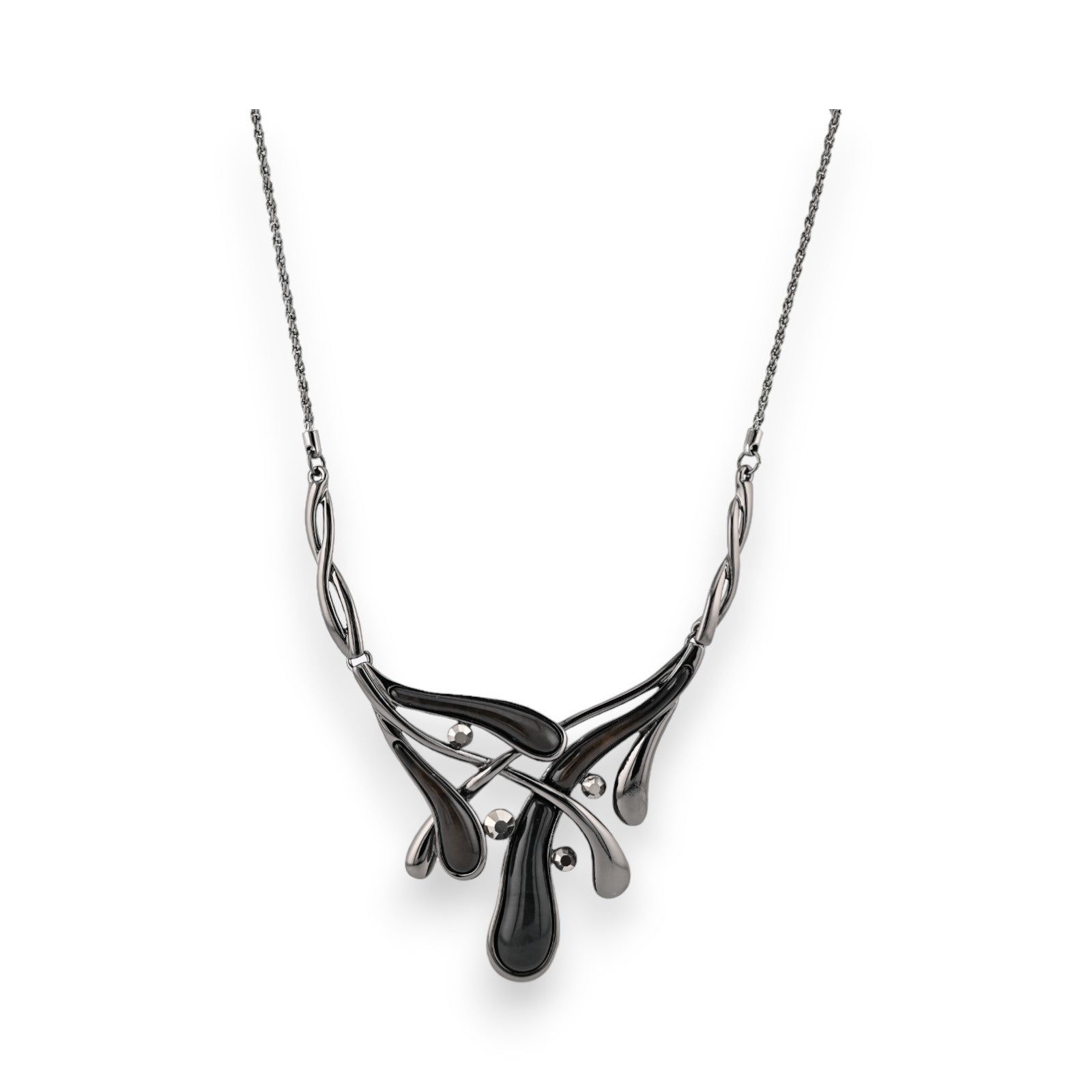 Elegante Halskette mit grau-schwarzem Anhänger, geschwungenes Design, Tropfenformen und Kugeln, an feiner Kette
