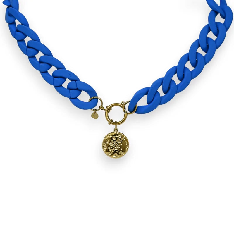Halskette Modeschmuck chaine résine blau roi médaillon sculpté golden
