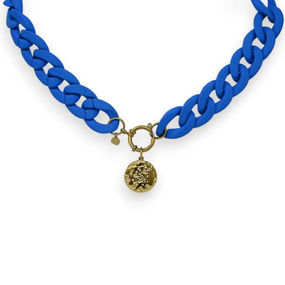 Halskette Modeschmuck chaine résine blau roi médaillon sculpté golden