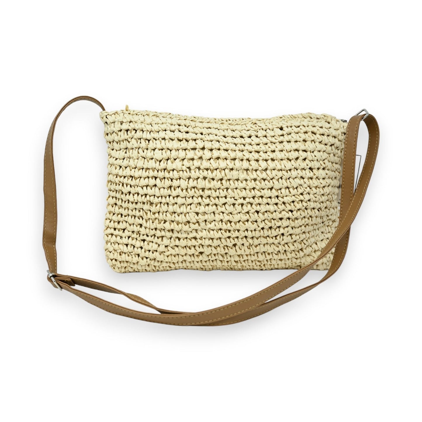 Naturstroh Boho Umhängetasche mit beigem Strickdesign und braunem Lederriemen, ideal für sommerliche Outfits