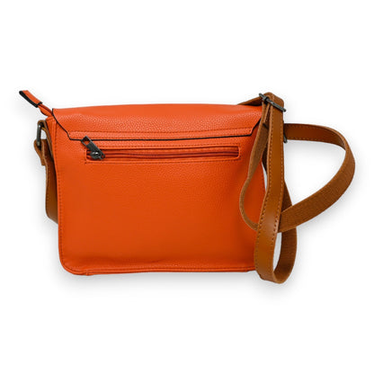 Orange Leder-Umhängetasche mit Reißverschluss und braunem Schulterriemen, elegantes Design für Alltag und Büro