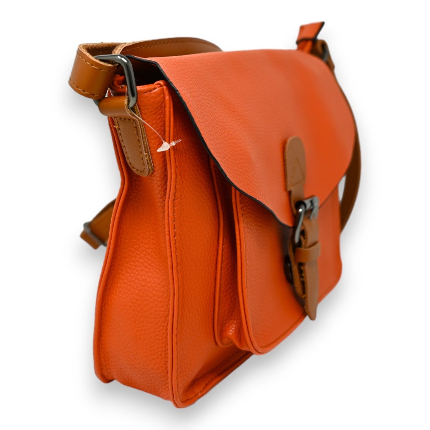Hochwertige orange Leder-Umhängetasche mit braunen Akzenten, Schnallenverschluss und verstellbarem Schulterriemen