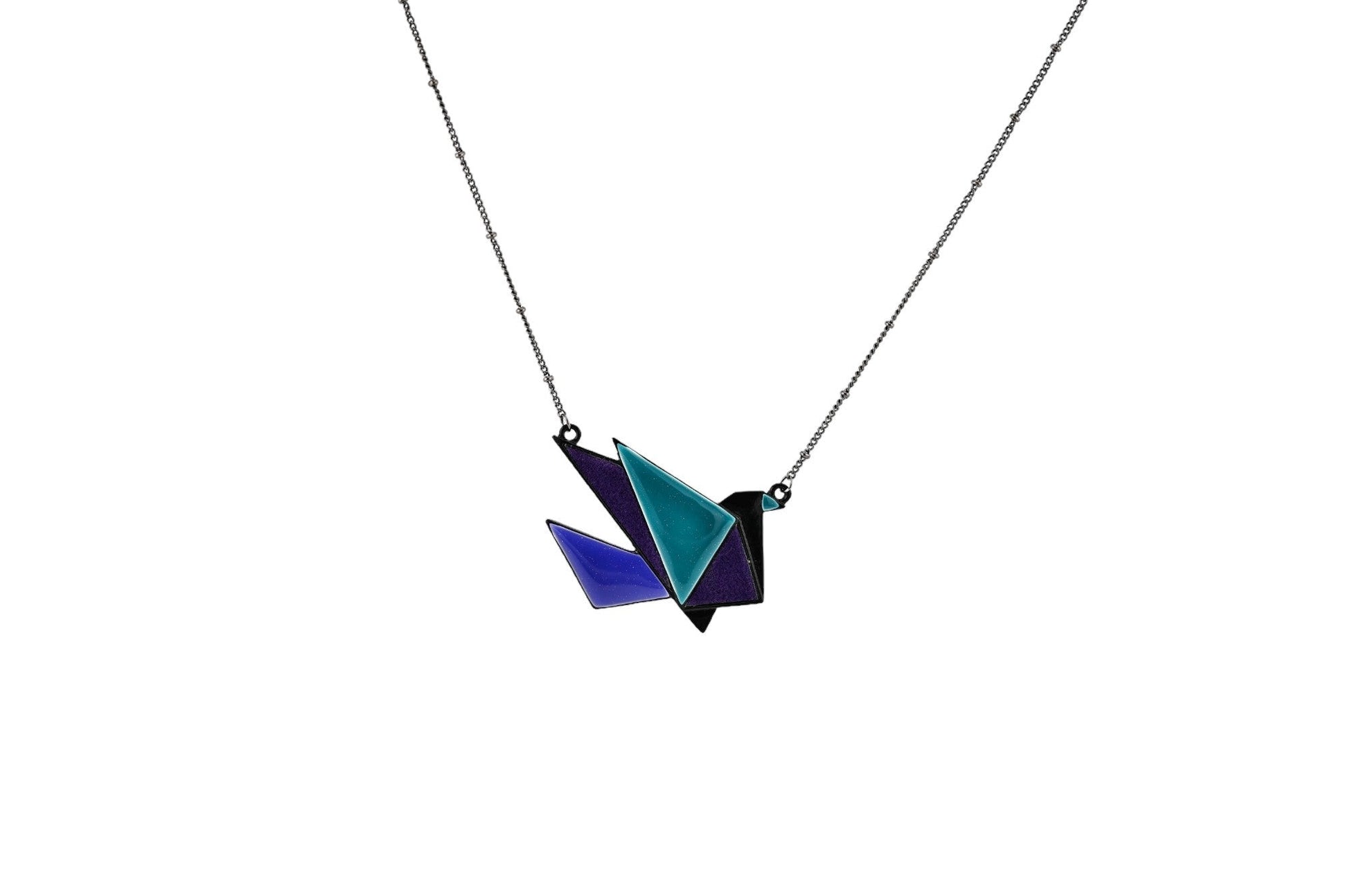Moderne Origami-Halskette in Form eines stilisierten Huhns mit blauen, türkisen und violetten geometrischen Elementen