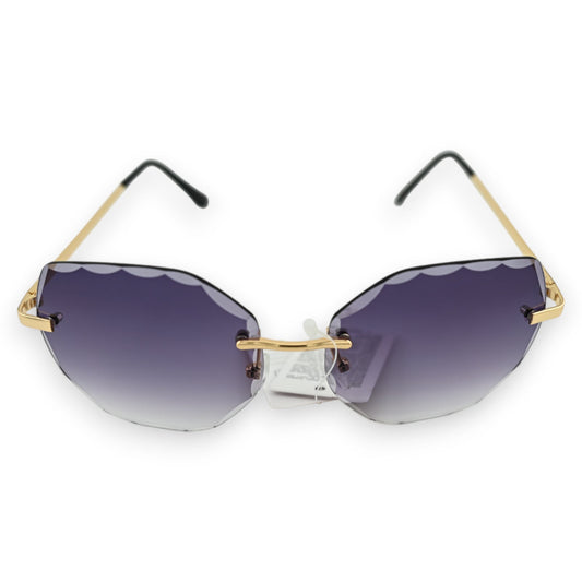 Ovale Sonnenbrille mit rahmenlosem Design, schwarz-grau getönten Gläsern und goldenen Bügeln, eleganter Stil