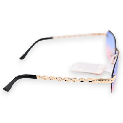 Ovale Sonnenbrille mit rosa-blau verlaufenden Gläsern, goldenem Rahmen und dekorativer Kettenverzierung am Bügel