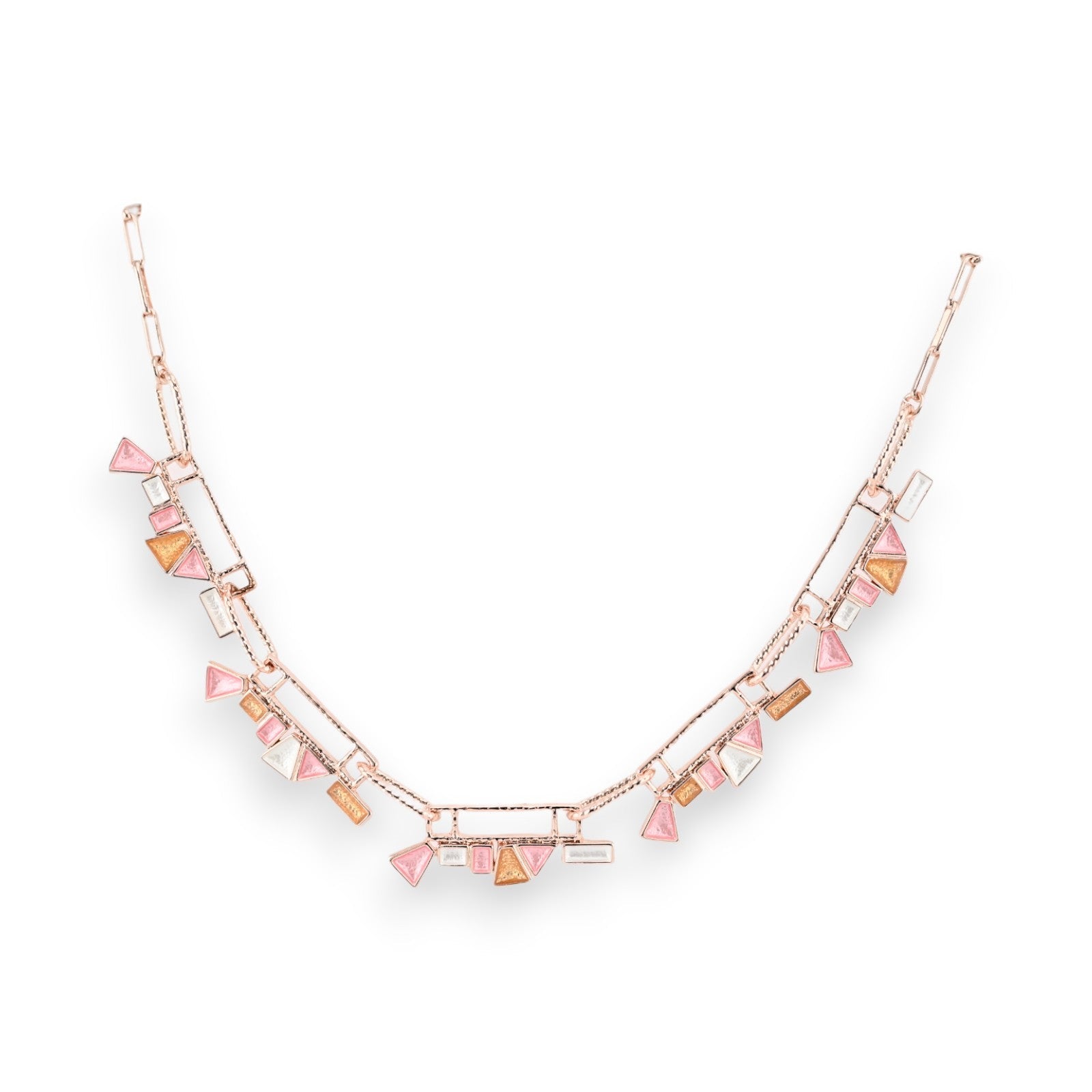 Rosegoldene Halskette mit pastellfarbenen geometrischen Anhängern in Rosa, Gold und Weiß auf weißem Hintergrund