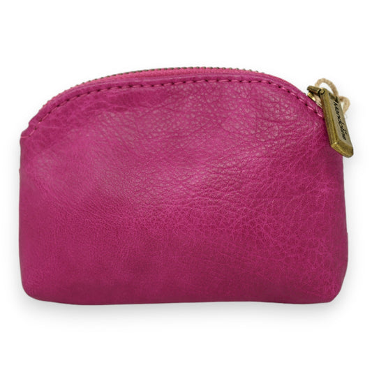 Kleine fuchsiafarbene Leder-Geldbörse mit Reißverschluss und goldenem Anhänger, kompakt und elegant