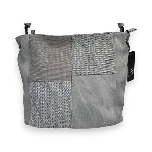 Graue Patchwork-Handtasche mit verschiedenen Texturen und Mustern, Schulterriemen, elegantes Design für Damen