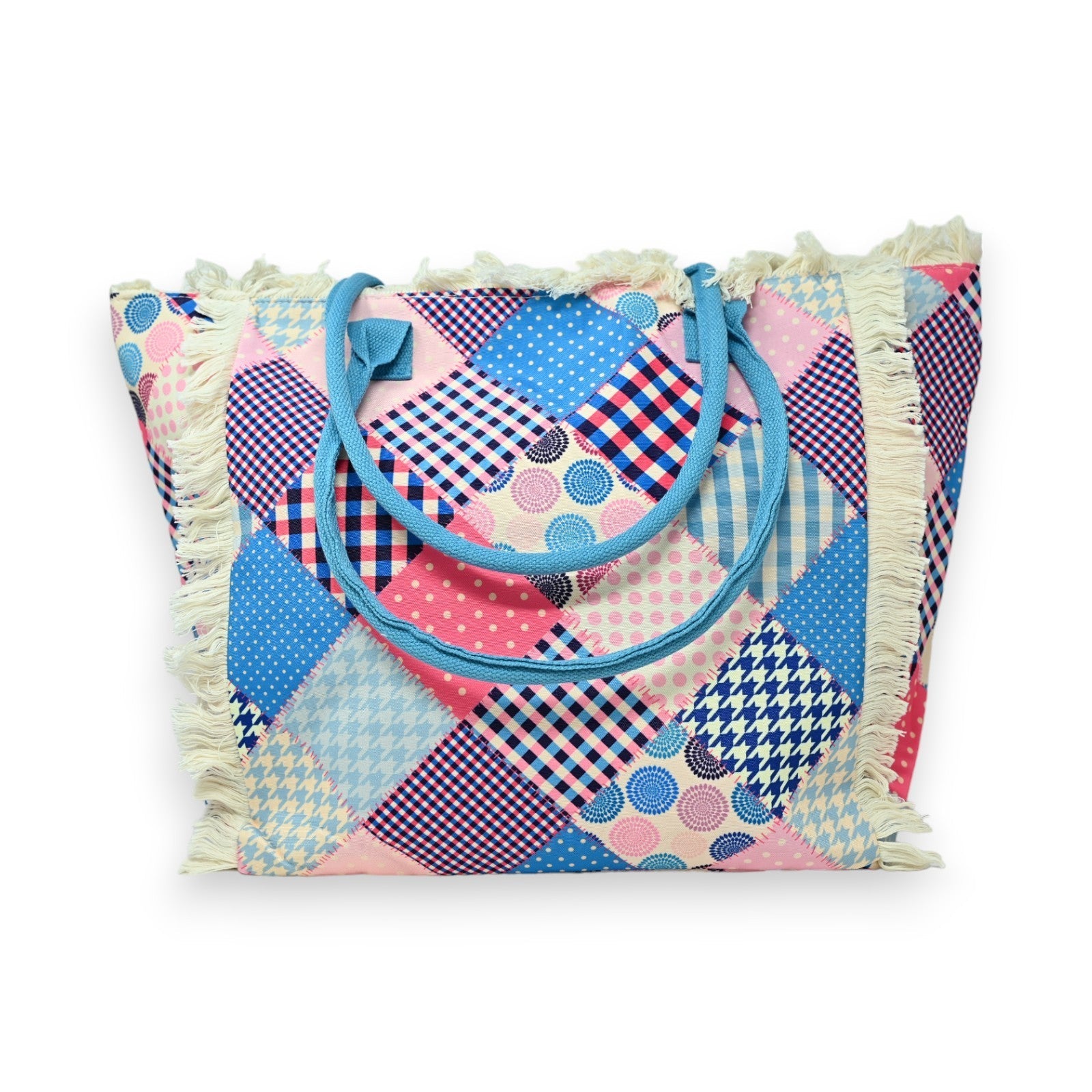 Bedruckte Nylon-Tragetasche im Patchwork-Stil in Rosa und Blau
