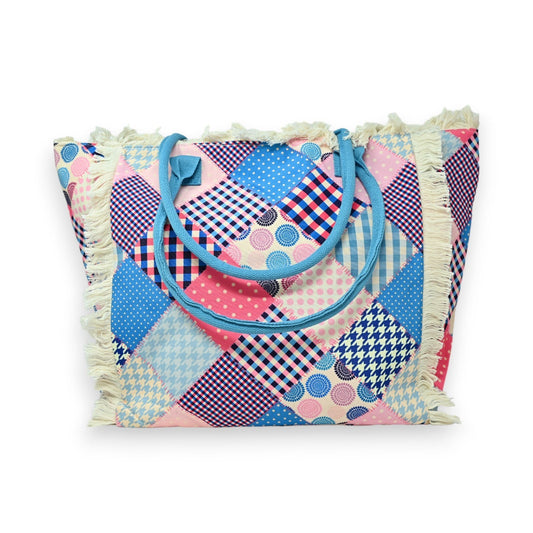 Bedruckte Nylon-Tragetasche im Patchwork-Stil in Rosa und Blau