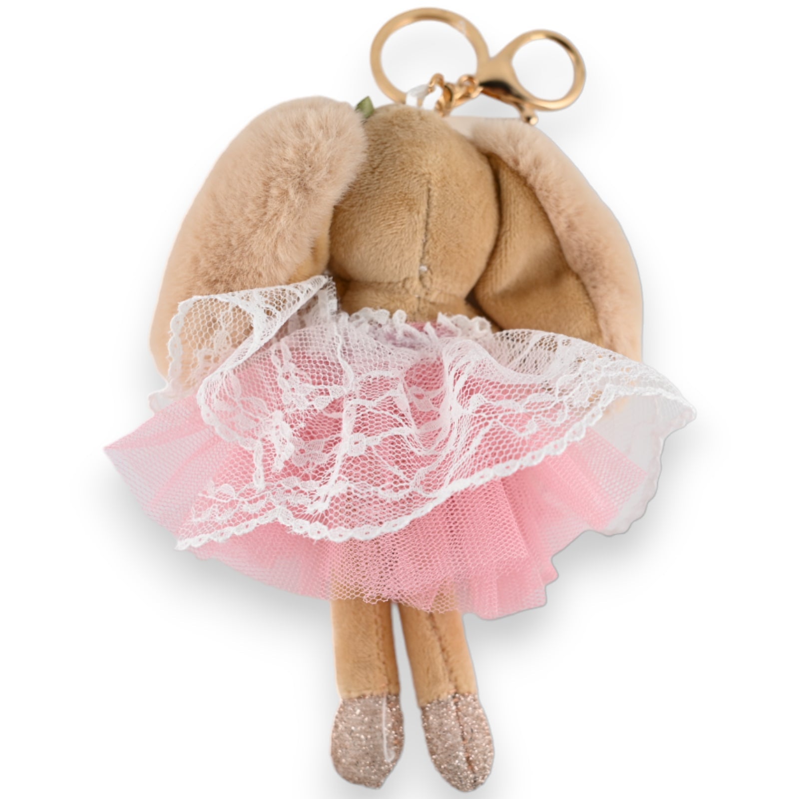 Plüschiger Hasen-Schlüsselanhänger mit rosa Tüllrock und Spitze, glitzernden Füßen und flauschigen Ohren