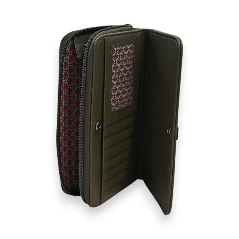 Offene khakifarbene Geldbörse Mélanie Paris, Innenseite mit rosa geometrischem Muster, Verschluss...