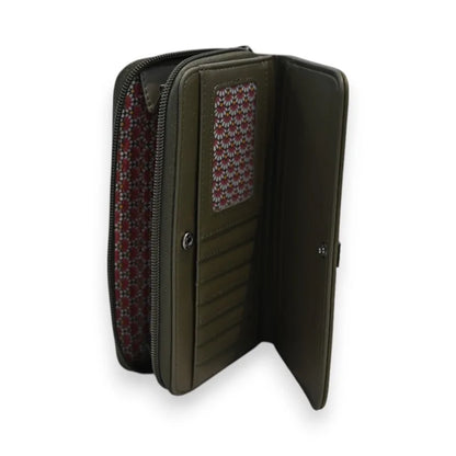 Offene khakifarbene Geldbörse Mélanie Paris, Innenseite mit rosa geometrischem Muster, Verschluss...