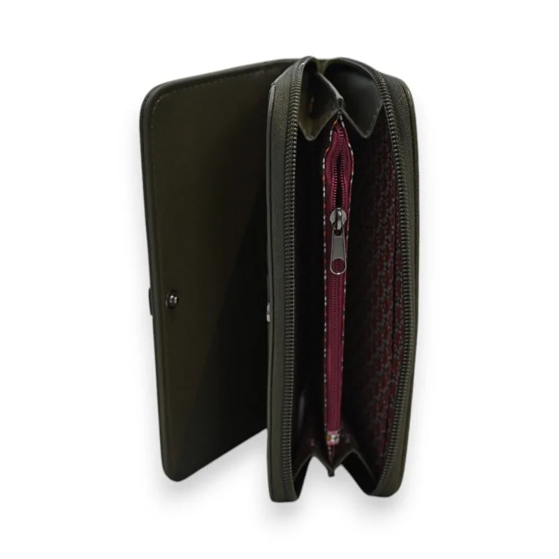 Offene khakifarbene Geldbörse Mélanie Paris, bordeauxrotes Innenfutter mit Reißverschluss