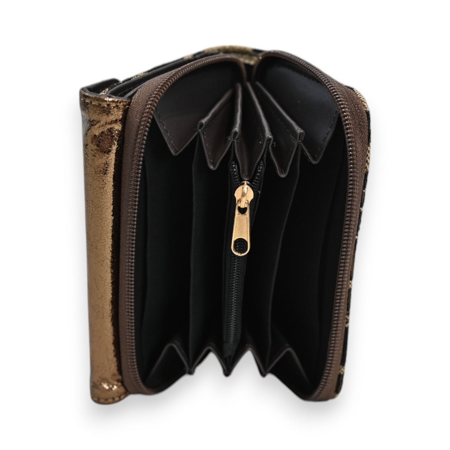 Geöffnetes Portemonnaie in Bronze mit Leopardenmuster, schwarzem Innenfutter, Reißverschluss und mehreren Fächern